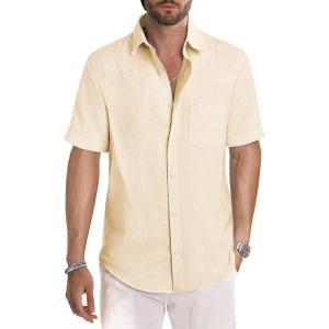 image:imageJMIERR Mens Casual Stylish Short Sleeve ButtonUp Striped Dress Shirt Cotton Beach ShirtsKhaki