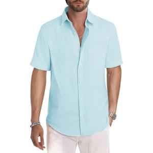 image:imageJMIERR Mens Casual Stylish Short Sleeve ButtonUp Striped Dress Shirt Cotton Beach ShirtsLight Blue