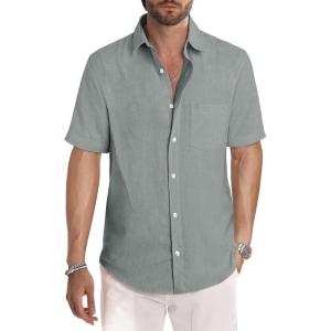 image:imageJMIERR Mens Casual Stylish Short Sleeve ButtonUp Striped Dress Shirt Cotton Beach ShirtsLight Grey