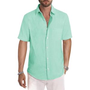 image:imageJMIERR Mens Casual Stylish Short Sleeve ButtonUp Striped Dress Shirt Cotton Beach ShirtsMint Green