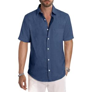 image:imageJMIERR Mens Casual Stylish Short Sleeve ButtonUp Striped Dress Shirt Cotton Beach ShirtsNavy Blue