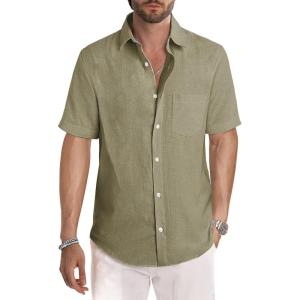 image:imageJMIERR Mens Casual Stylish Short Sleeve ButtonUp Striped Dress Shirt Cotton Beach ShirtsOlive Green