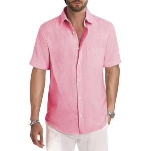 image:imageJMIERR Mens Casual Stylish Short Sleeve ButtonUp Striped Dress Shirt Cotton Beach ShirtsPink