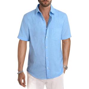 image:imageJMIERR Mens Casual Stylish Short Sleeve ButtonUp Striped Dress Shirt Cotton Beach ShirtsSky Blue