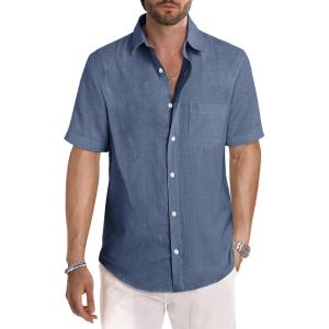 image:imageJMIERR Mens Casual Stylish Short Sleeve ButtonUp Striped Dress Shirt Cotton Beach ShirtsSmog Blue