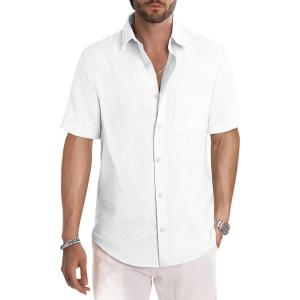 image:imageJMIERR Mens Casual Stylish Short Sleeve ButtonUp Striped Dress Shirt Cotton Beach ShirtsWhite