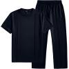 image:imageJMIERR Mens 2 Piece Sets Short Sleeve Shirts and Loose Pants Summer Textured SuitsNavy Blue