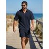 image:imageJMIERR Mens 2 Piece Waffle Knit Outfit Half Zip Polo Shirt and Shorts Textured Summer SetDark Blue