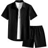 image:imageJMIERR Mens Summer 2 Piece Beach Sets Texture Short Sleeve Button Down Knit Shirts and Shorts Vacation Outfits of MenBlack