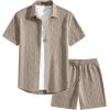 image:imageJMIERR Mens Summer 2 Piece Beach Sets Texture Short Sleeve Button Down Knit Shirts and Shorts Vacation Outfits of MenKhaki