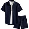 image:imageJMIERR Mens Summer 2 Piece Beach Sets Texture Short Sleeve Button Down Knit Shirts and Shorts Vacation Outfits of MenNavy Blue