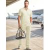 image:imageJMIERR Mens Summer 2 Piece Outfits Short Sets Beach Waffle 14 Zip Polo Shirts Casual Loose Pant LoungewearBeige