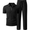image:imageJMIERR Mens Summer 2 Piece Outfits Short Sets Beach Waffle 14 Zip Polo Shirts Casual Loose Pant LoungewearBlack