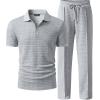 image:imageJMIERR Mens Summer 2 Piece Outfits Short Sets Beach Waffle 14 Zip Polo Shirts Casual Loose Pant LoungewearGrey