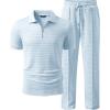 image:imageJMIERR Mens Summer 2 Piece Outfits Short Sets Beach Waffle 14 Zip Polo Shirts Casual Loose Pant LoungewearLight Blue