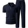 image:imageJMIERR Mens Summer 2 Piece Outfits Short Sets Beach Waffle 14 Zip Polo Shirts Casual Loose Pant LoungewearNavy Blue