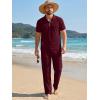image:imageJMIERR Mens Summer 2 Piece Outfits Short Sets Beach Waffle 14 Zip Polo Shirts Casual Loose Pant LoungewearRed