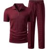 image:imageJMIERR Mens Summer 2 Piece Outfits Short Sets Beach Waffle 14 Zip Polo Shirts Casual Loose Pant LoungewearRed