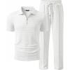 image:imageJMIERR Mens Summer 2 Piece Outfits Short Sets Beach Waffle 14 Zip Polo Shirts Casual Loose Pant LoungewearWhite