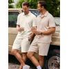 image:imageJMIERR Mens Summer Beach Outfits 2 Piece Jacquard Knit Lounge Short Sleeve Shirts amp Shorts Vacation Texture SetsBeige