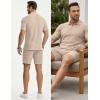 image:imageJMIERR Mens Summer Beach Outfits 2 Piece Jacquard Knit Lounge Short Sleeve Shirts amp Shorts Vacation Texture SetsKhaki