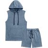 image:imageJMIERR Mens Track Suits 2 Piece Set Casual Sleeveless Hoodie Tank Top and Shorts Acid Wash Cotton Gym SweatsuitsSail Blue