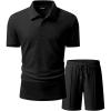 image:imageJMIEER Mens Waffle Knit Two Piece Outfit Casual Tracksuit Short Sleeve Golf Polo Shirts and Shorts Set for Summer VacationBlack