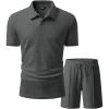 image:imageJMIEER Mens Waffle Knit Two Piece Outfit Casual Tracksuit Short Sleeve Golf Polo Shirts and Shorts Set for Summer VacationDark Grey