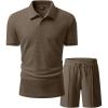 image:imageJMIEER Mens Waffle Knit Two Piece Outfit Casual Tracksuit Short Sleeve Golf Polo Shirts and Shorts Set for Summer VacationDark Khaki