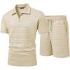 image:imageJMIERR Mens 2 Piece Waffle Knit Outfit Half Zip Polo Shirt and Shorts Textured Summer SetApricot