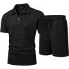 image:imageJMIERR Mens 2 Piece Waffle Knit Outfit Half Zip Polo Shirt and Shorts Textured Summer SetBlack