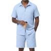 image:imageJMIERR Mens Summer 2 Piece Beach Sets Texture Short Sleeve Button Down Knit Shirts and Shorts Vacation Outfits of MenBeau Blue