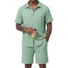 image:imageJMIERR Mens Summer 2 Piece Beach Sets Texture Short Sleeve Button Down Knit Shirts and Shorts Vacation Outfits of MenGreen