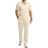 image:imageJMIERR Mens Summer 2 Piece Outfits Short Sets Beach Waffle 14 Zip Polo Shirts Casual Loose Pant LoungewearBeige