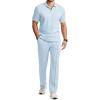 image:imageJMIERR Mens Summer 2 Piece Outfits Short Sets Beach Waffle 14 Zip Polo Shirts Casual Loose Pant LoungewearLight Blue