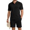 image:imageJMIERR Mens Summer Beach Outfits 2 Piece Jacquard Knit Lounge Short Sleeve Shirts amp Shorts Vacation Texture Sets2 Black