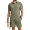 image:imageJMIERR Mens Summer Beach Outfits 2 Piece Jacquard Knit Lounge Short Sleeve Shirts amp Shorts Vacation Texture SetsLaurel Green