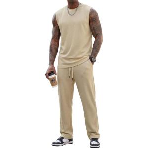 image:imageJMIERR Men Fashion 2 Piece Set Casual Muscle Tank Baggy Pants Stretch Textured Beach Street HipHop Sleeveless ShirtsBeige