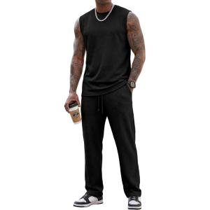image:imageJMIERR Men Fashion 2 Piece Set Casual Muscle Tank Baggy Pants Stretch Textured Beach Street HipHop Sleeveless ShirtsBlack
