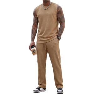 image:imageJMIERR Men Fashion 2 Piece Set Casual Muscle Tank Baggy Pants Stretch Textured Beach Street HipHop Sleeveless ShirtsDark Khaki