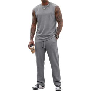 image:imageJMIERR Men Fashion 2 Piece Set Casual Muscle Tank Baggy Pants Stretch Textured Beach Street HipHop Sleeveless ShirtsLight Grey