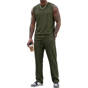 image:imageJMIERR Men Fashion 2 Piece Set Casual Muscle Tank Baggy Pants Stretch Textured Beach Street HipHop Sleeveless ShirtsMoss Green