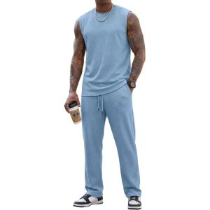 image:imageJMIERR Men Fashion 2 Piece Set Casual Muscle Tank Baggy Pants Stretch Textured Beach Street HipHop Sleeveless ShirtsSky Blue