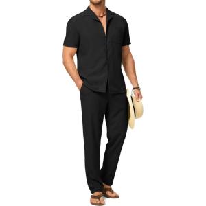 image:imageJMIERR Men Texture 2 Piece Outfit Short Sleeve Lightweight Beach Button Down Shirt Casual Pant Sets with Pocket0 Black