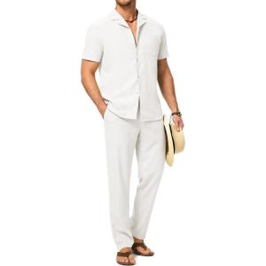 image:imageJMIERR Men Texture 2 Piece Outfit Short Sleeve Lightweight Beach Button Down Shirt Casual Pant Sets with Pocket0 White