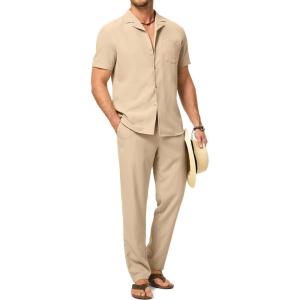 image:imageJMIERR Men Texture 2 Piece Outfit Short Sleeve Lightweight Beach Button Down Shirt Casual Pant Sets with PocketA Beige