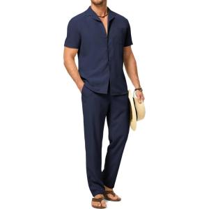 image:imageJMIERR Men Texture 2 Piece Outfit Short Sleeve Lightweight Beach Button Down Shirt Casual Pant Sets with PocketA Blue