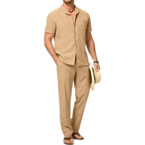 image:imageJMIERR Men Texture 2 Piece Outfit Short Sleeve Lightweight Beach Button Down Shirt Casual Pant Sets with PocketA Khaki