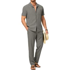 image:imageJMIERR Men Texture 2 Piece Outfit Short Sleeve Lightweight Beach Button Down Shirt Casual Pant Sets with PocketB Grey