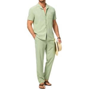 image:imageJMIERR Men Texture 2 Piece Outfit Short Sleeve Lightweight Beach Button Down Shirt Casual Pant Sets with PocketC Green